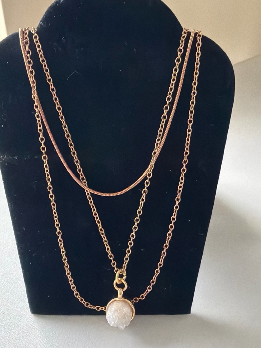 Gold/Copper/Silver Mixed Metal Layered Pendant Necklace with Druzy Charm